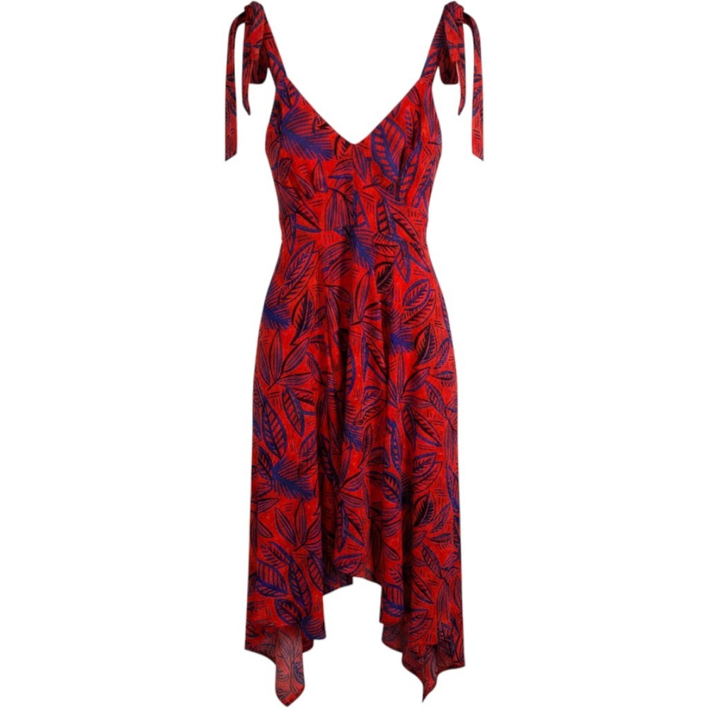 Alexis Target Red Blue Tropical Leaf Handkerchief Hem Tie Midi Dress Sz S